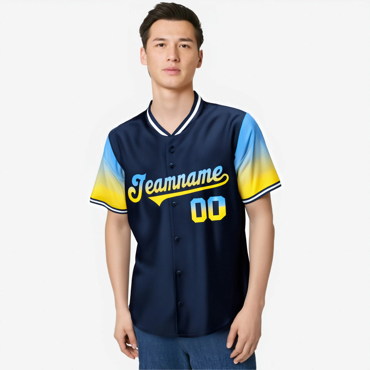 Custom Navy Powder Blue-Gold Gradient Fashion Authentic Baseball Jersey