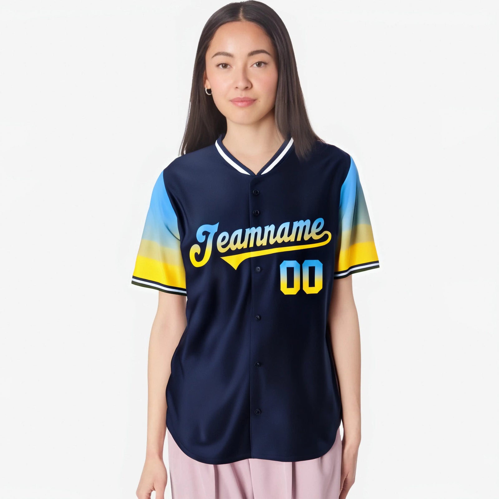Custom Navy Powder Blue-Gold Gradient Fashion Authentic Baseball Jersey