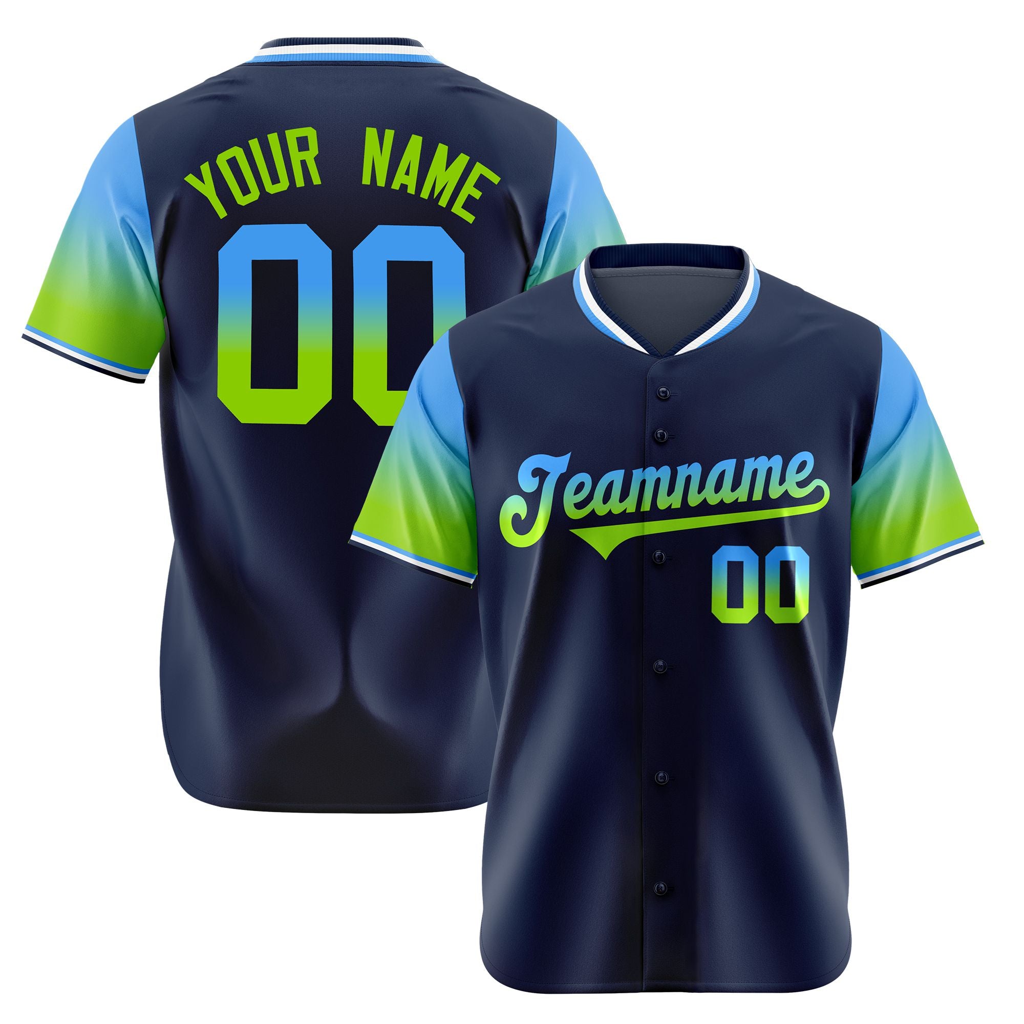 Custom Navy Powder Blue-Neon Green Gradient Fashion Authentic Baseball Jersey