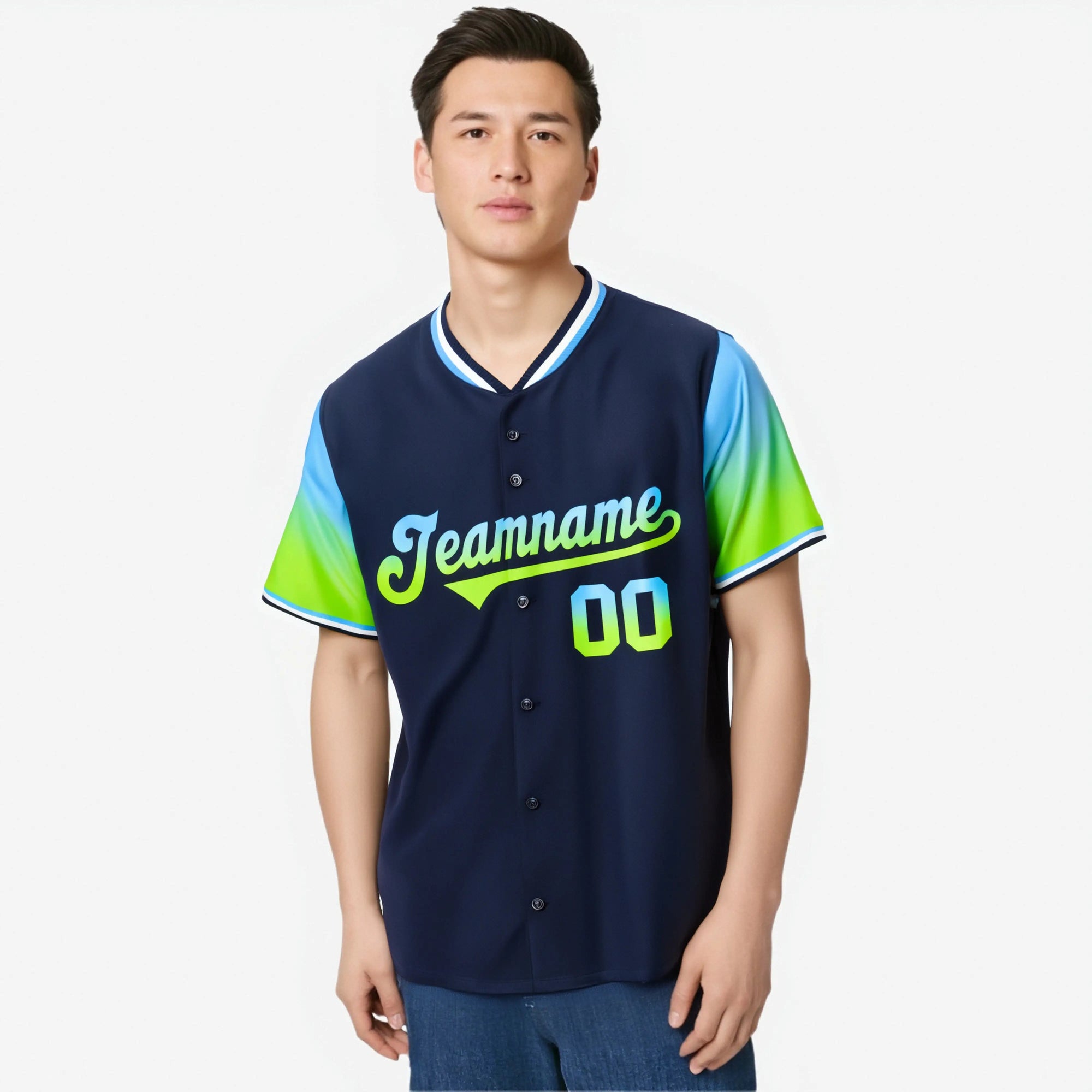 Custom Navy Powder Blue-Neon Green Gradient Fashion Authentic Baseball Jersey