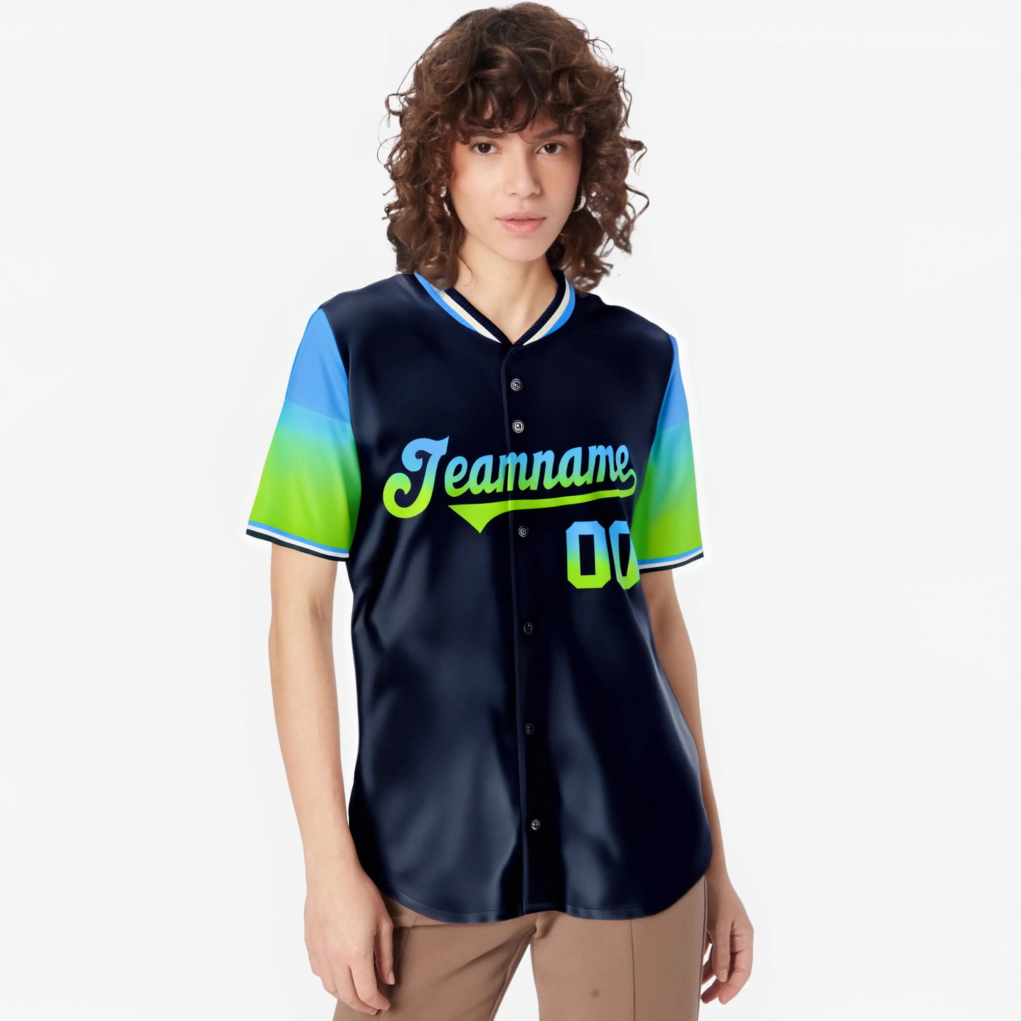 Custom Navy Powder Blue-Neon Green Gradient Fashion Authentic Baseball Jersey