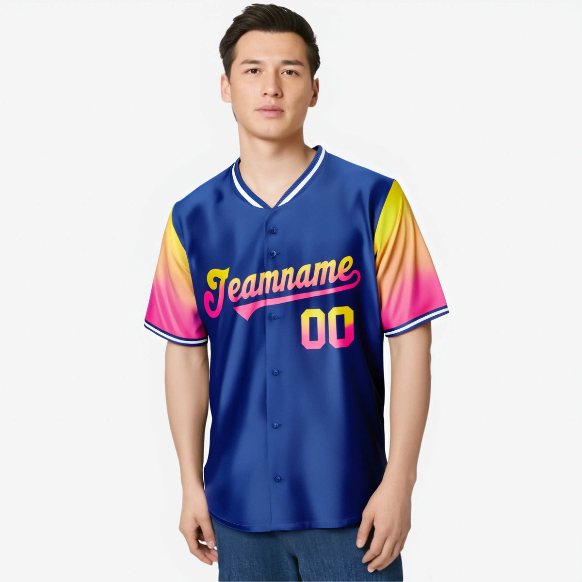 Custom Royal Blue Gold-Pink Gradient Fashion Authentic Baseball Jersey