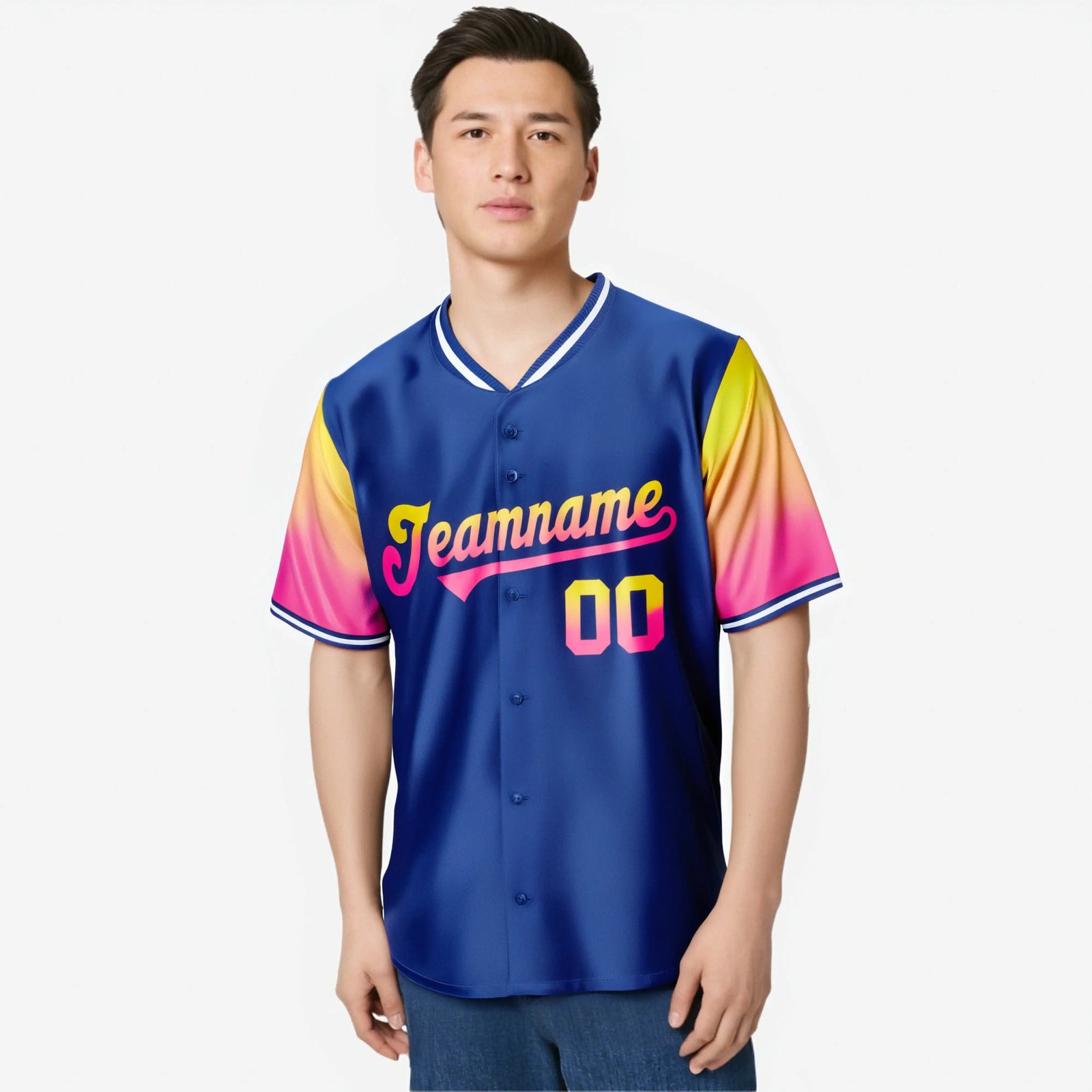 Custom Royal Blue Gold-Pink Gradient Fashion Authentic Baseball Jersey