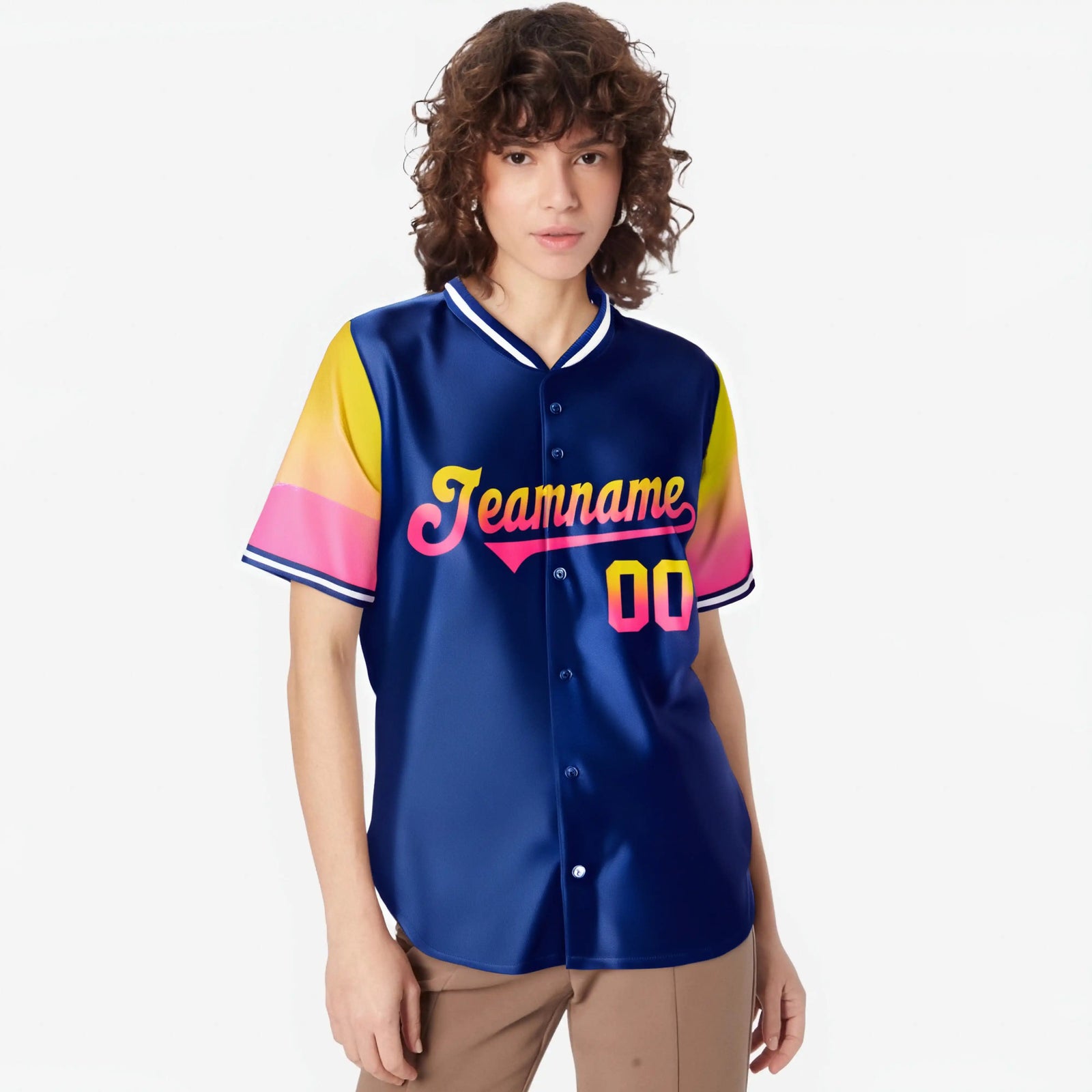 Custom Royal Blue Gold-Pink Gradient Fashion Authentic Baseball Jersey