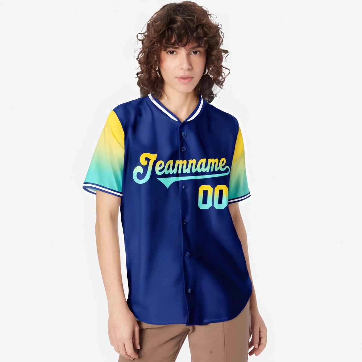 Custom Royal Blue Gold-Aqua Gradient Fashion Authentic Baseball Jersey