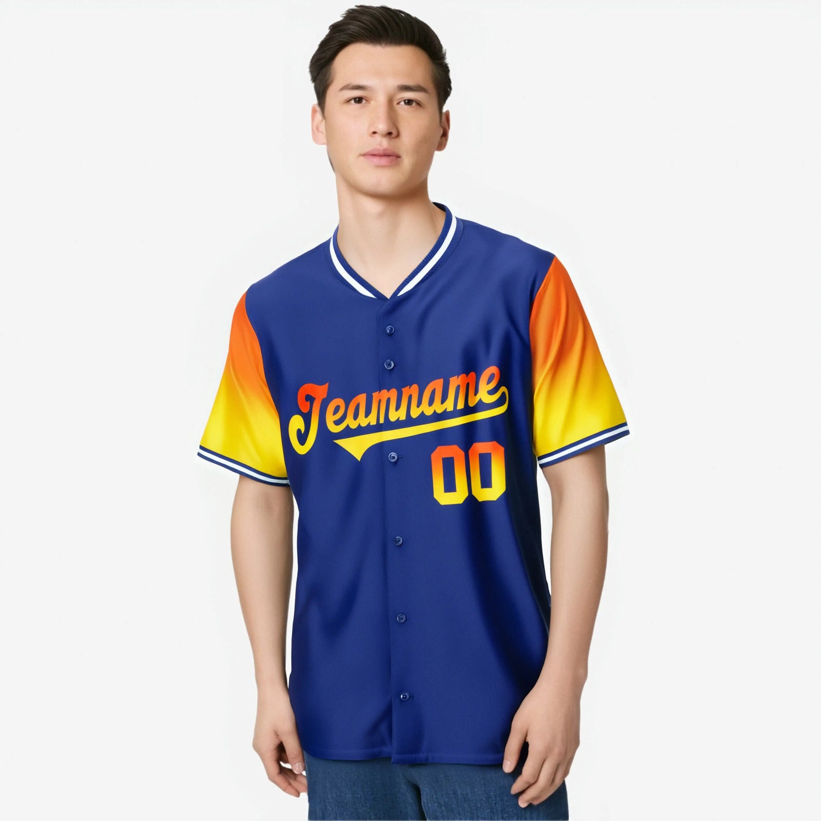 Custom Royal Blue Orange-Yellow Gradient Fashion Authentic Baseball Jersey