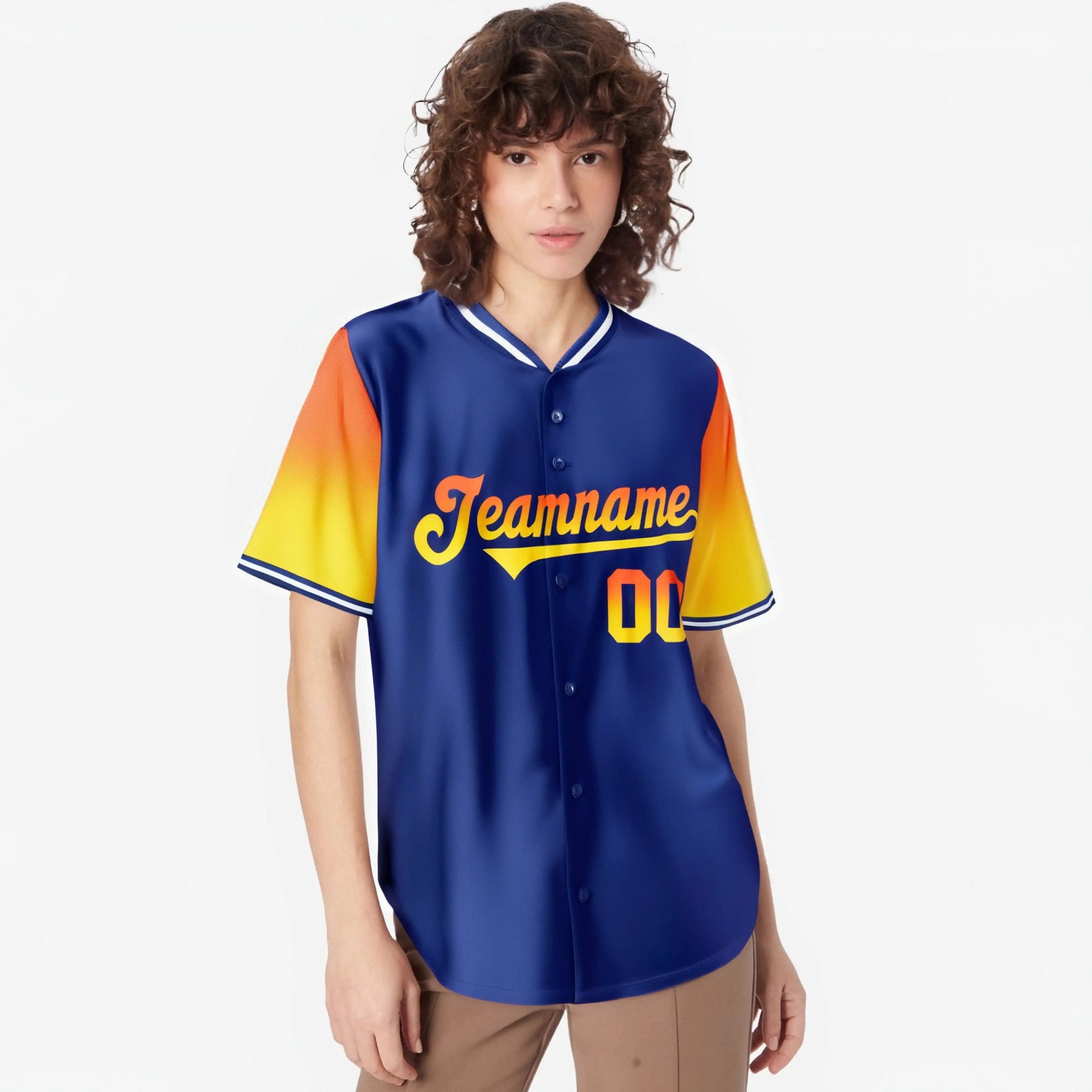 Custom Royal Blue Orange-Yellow Gradient Fashion Authentic Baseball Jersey