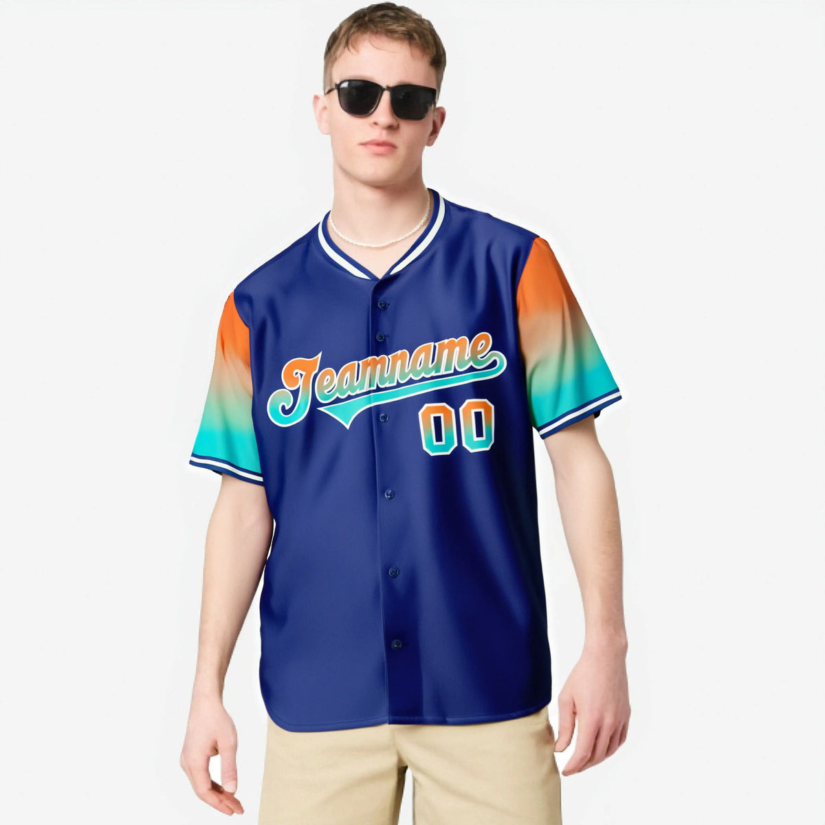 Custom Royal Blue Orange-Aqua Gradient Fashion Authentic Baseball Jersey