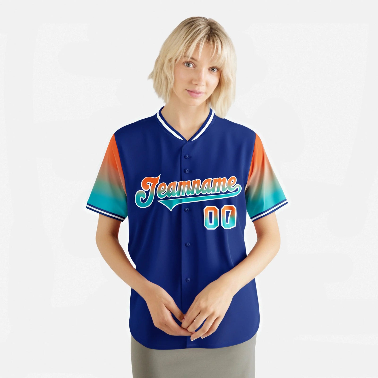 Custom Royal Blue Orange-Aqua Gradient Fashion Authentic Baseball Jersey