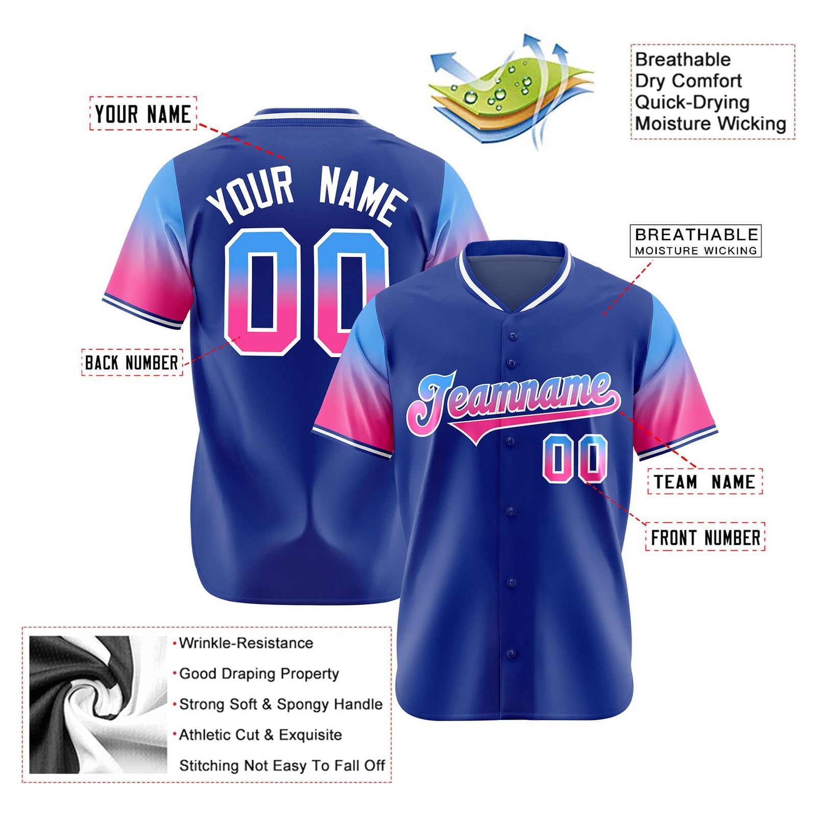 Custom Royal Blue Powder Blue-Pink Gradient Fashion Authentic Baseball Jersey