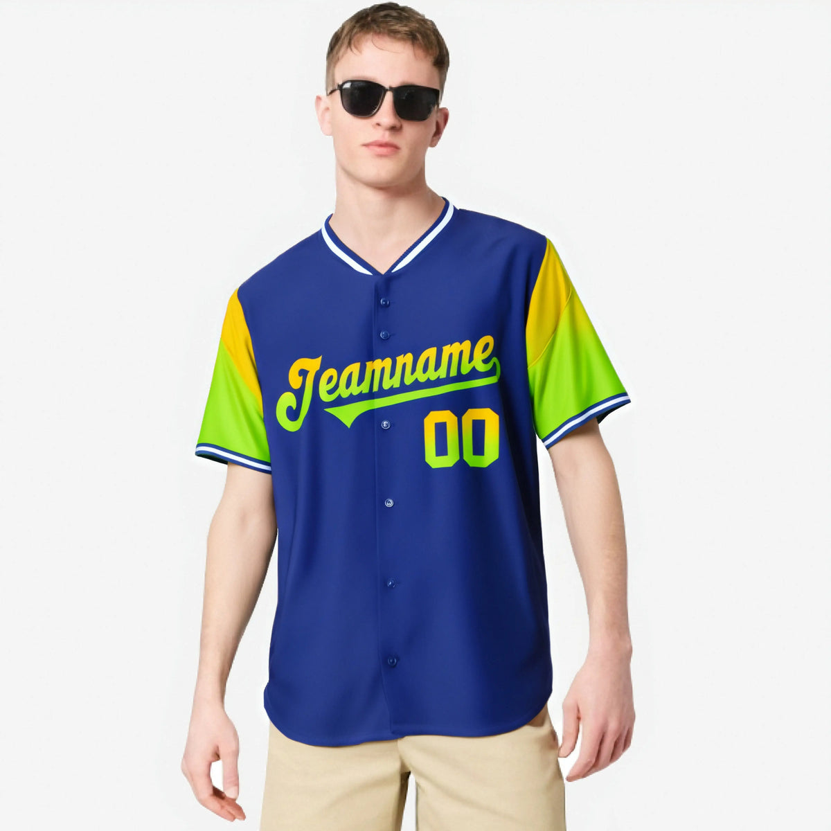 Custom Royal Blue Gold-Neon Green Gradient Fashion Authentic Baseball Jersey