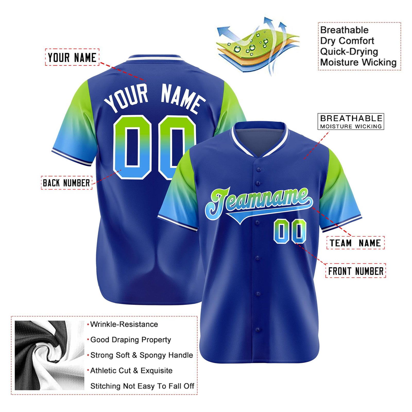 Custom Royal Blue Neon Green-Powder Blue Gradient Fashion Authentic Baseball Jersey