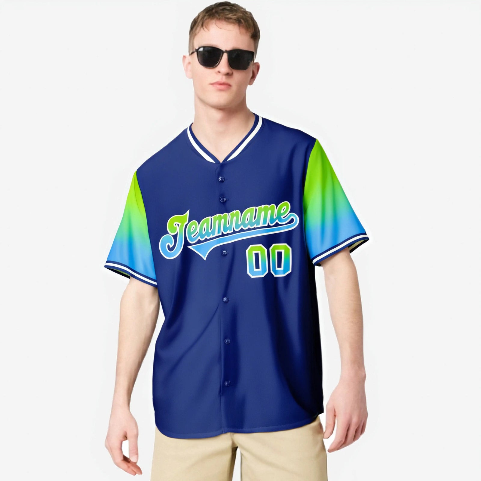 Custom Royal Blue Neon Green-Powder Blue Gradient Fashion Authentic Baseball Jersey