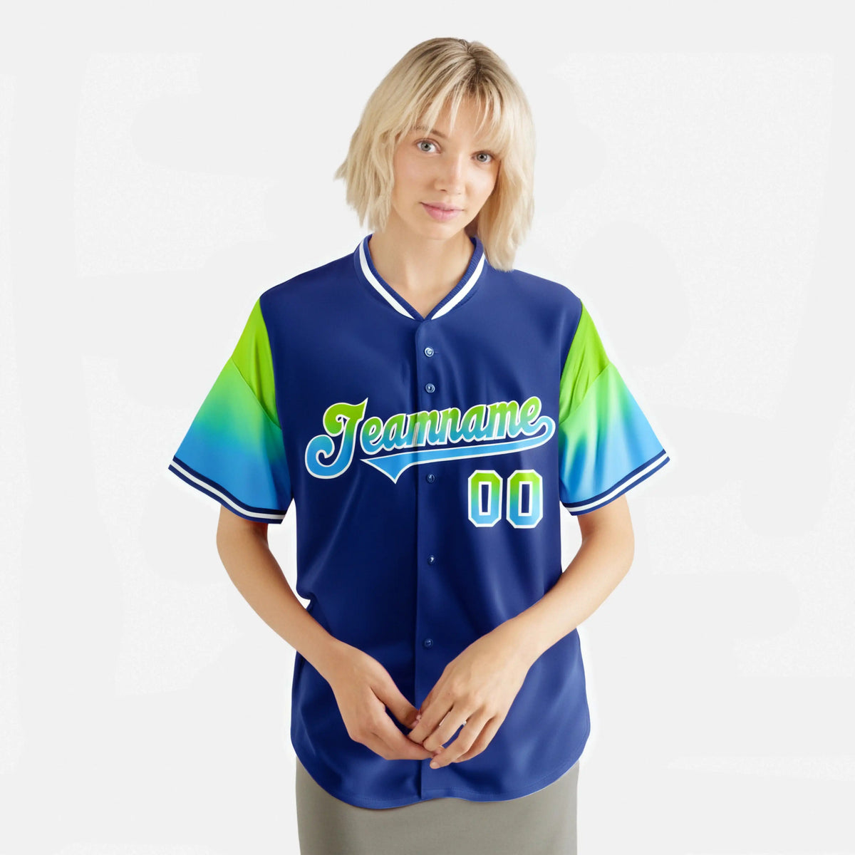 Custom Royal Blue Neon Green-Powder Blue Gradient Fashion Authentic Baseball Jersey