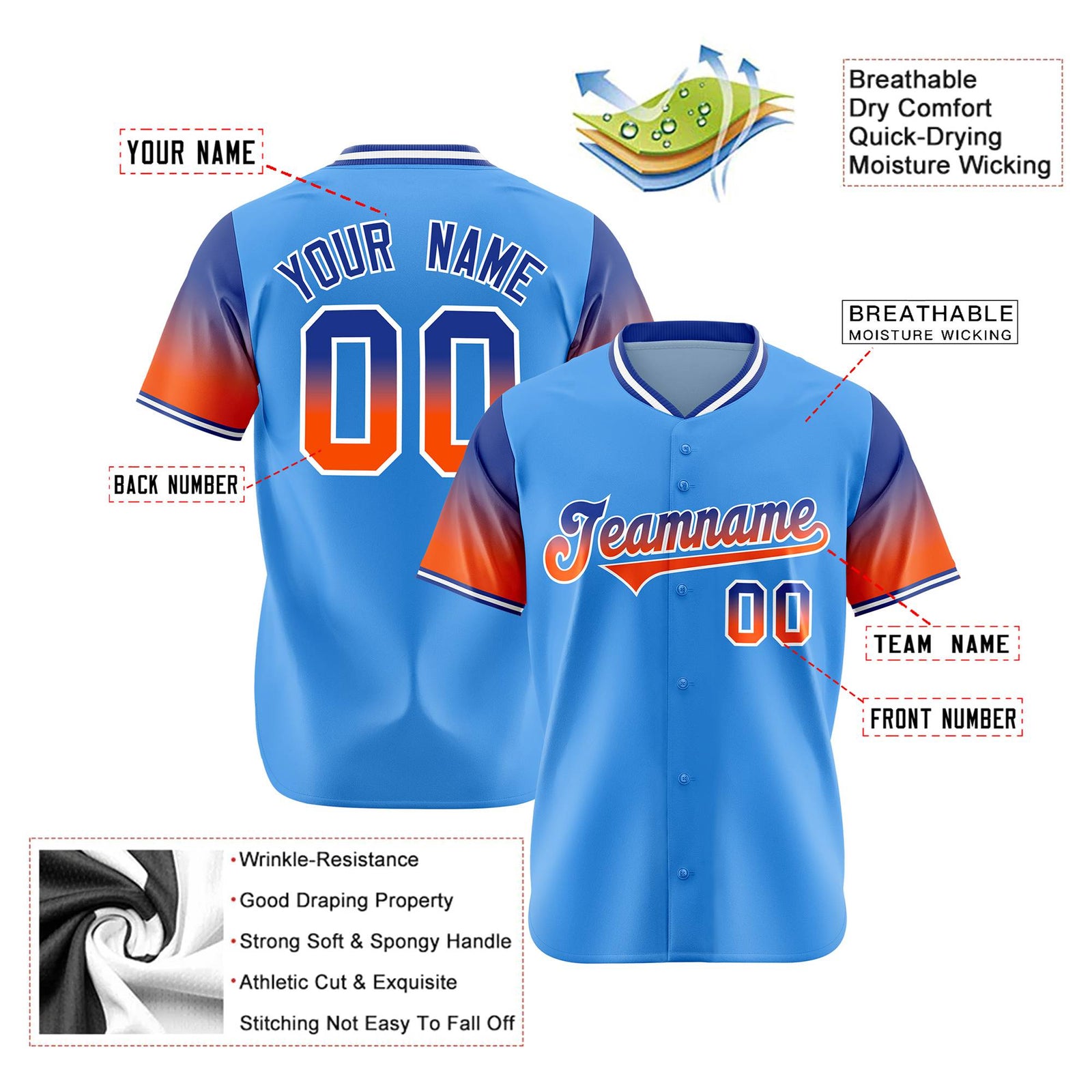 Custom Powder Blue Royal Blue-Orange Gradient Fashion Authentic Baseball Jersey