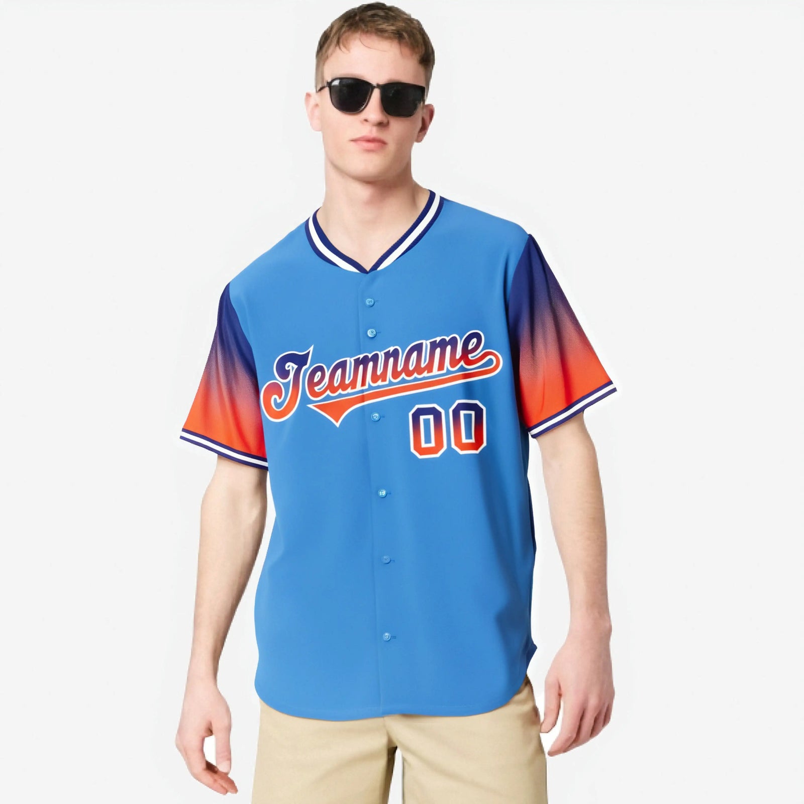 Custom Powder Blue Royal Blue-Orange Gradient Fashion Authentic Baseball Jersey
