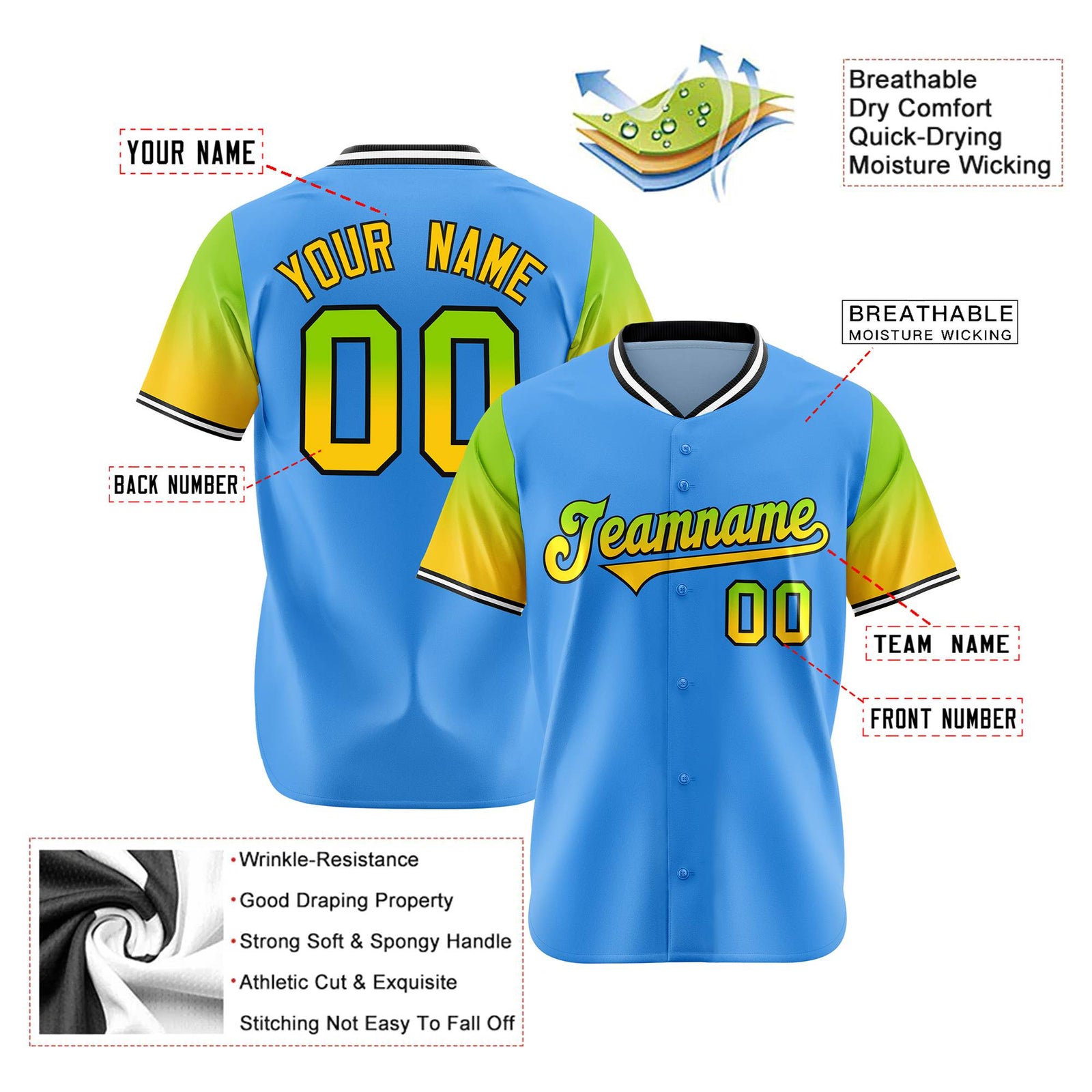 Custom Powder Blue Neon Green-Gold Gradient Fashion Authentic Baseball Jersey