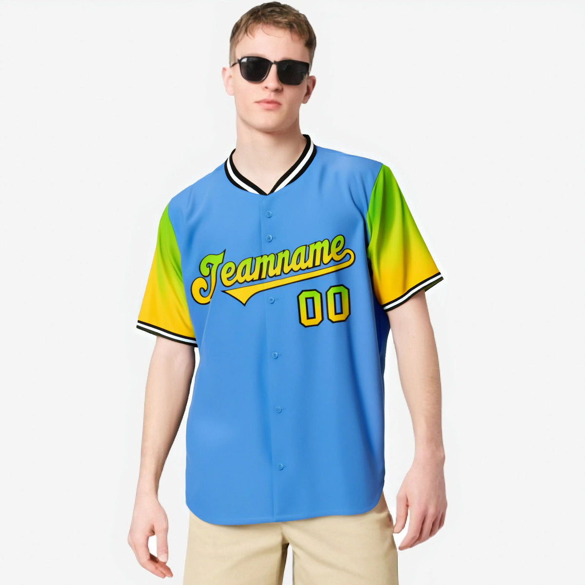 Custom Powder Blue Neon Green-Gold Gradient Fashion Authentic Baseball Jersey