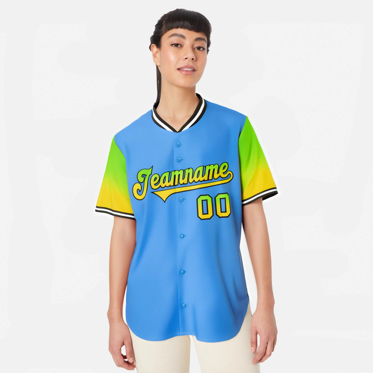 Custom Powder Blue Neon Green-Gold Gradient Fashion Authentic Baseball Jersey