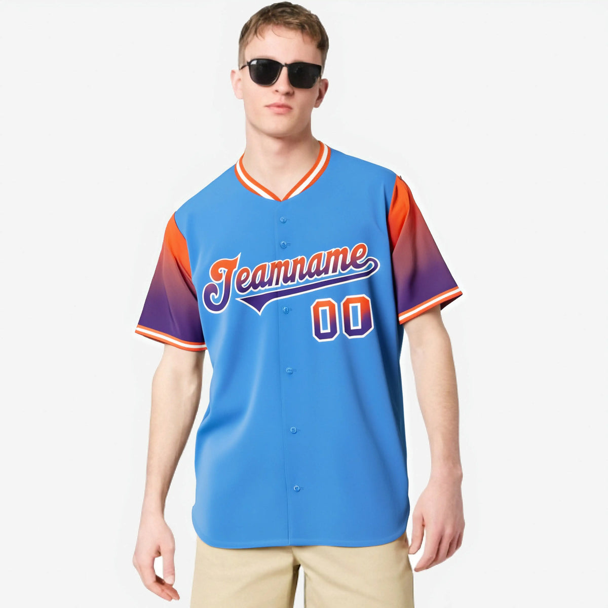 Custom Powder Blue Orange-Purple Gradient Fashion Authentic Baseball Jersey