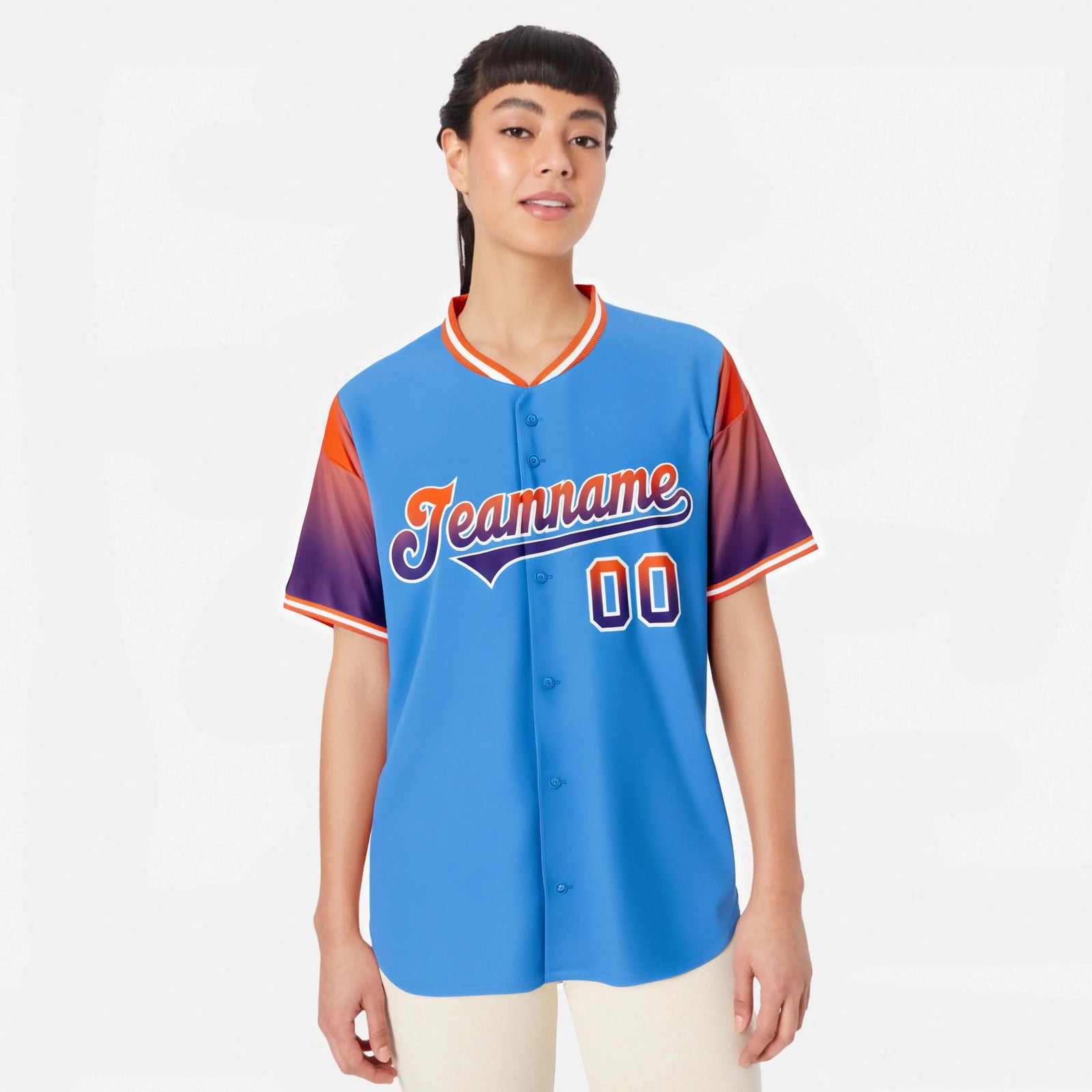 Custom Powder Blue Orange-Purple Gradient Fashion Authentic Baseball Jersey