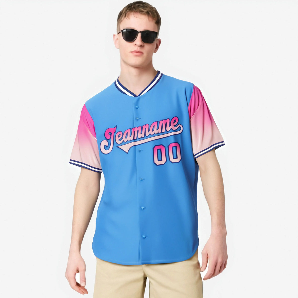 Custom Powder Blue Pink-Light Pink Gradient Fashion Authentic Baseball Jersey