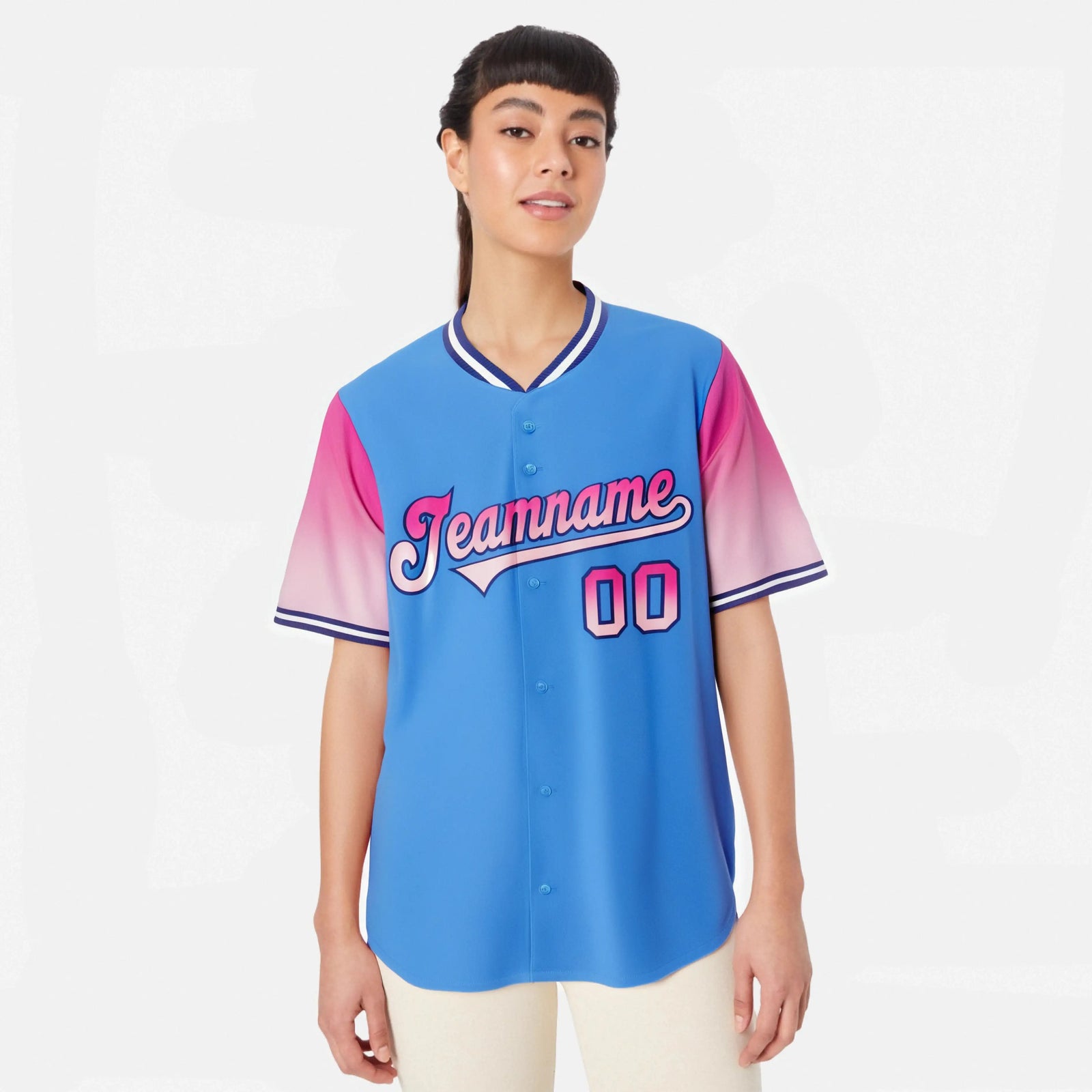 Custom Powder Blue Pink-Light Pink Gradient Fashion Authentic Baseball Jersey