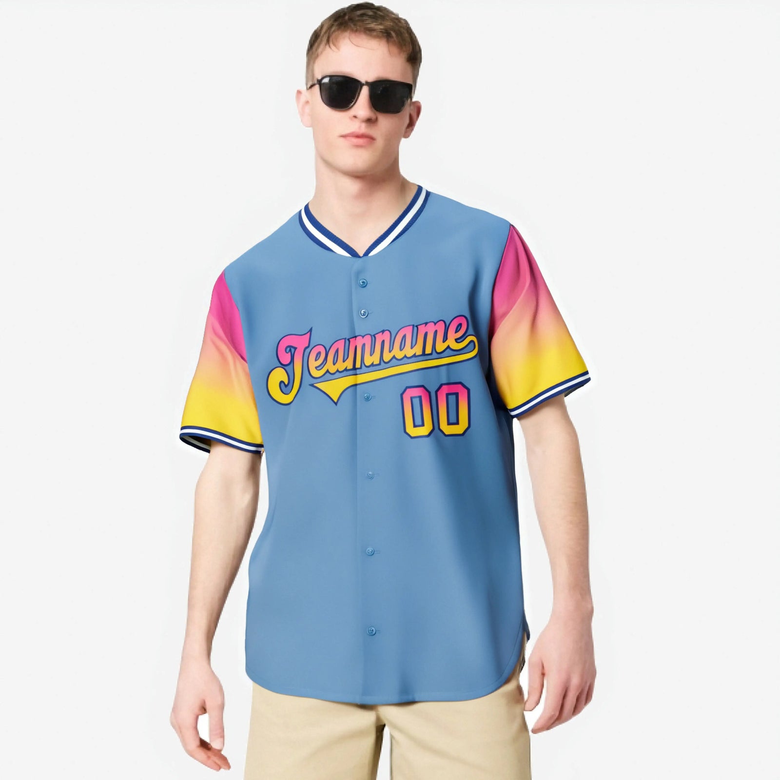 Custom Light Blue Pink-Gold Gradient Fashion Authentic Baseball Jersey