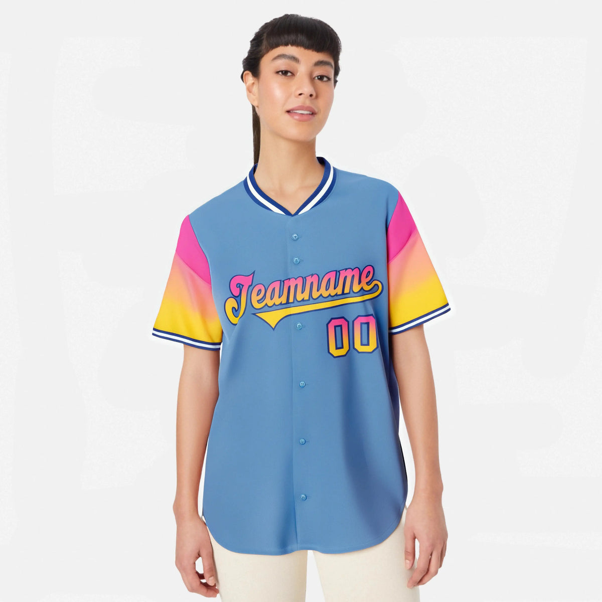 Custom Light Blue Pink-Gold Gradient Fashion Authentic Baseball Jersey
