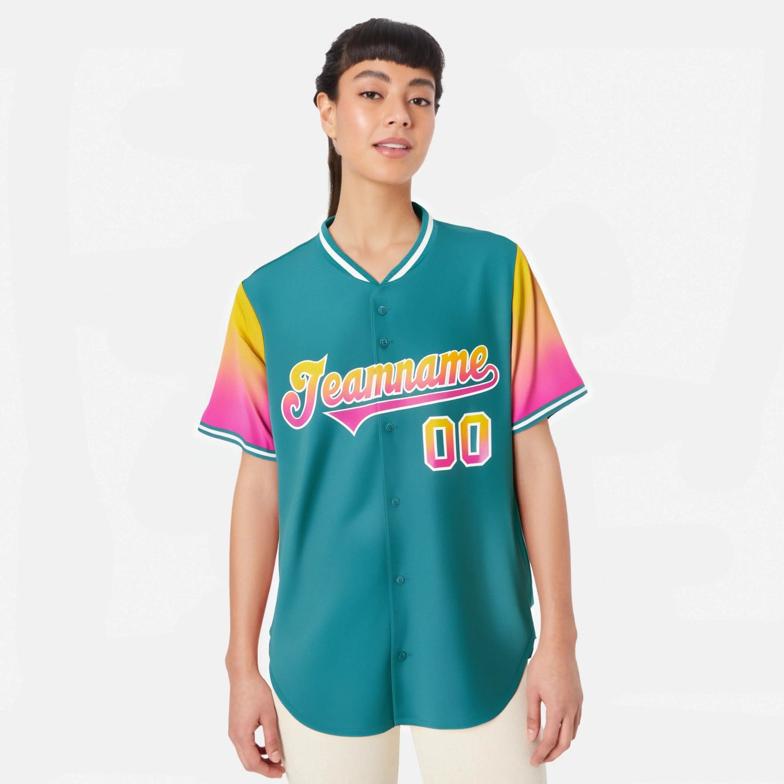 Custom Aqua Gold-Pink Gradient Fashion Authentic Baseball Jersey