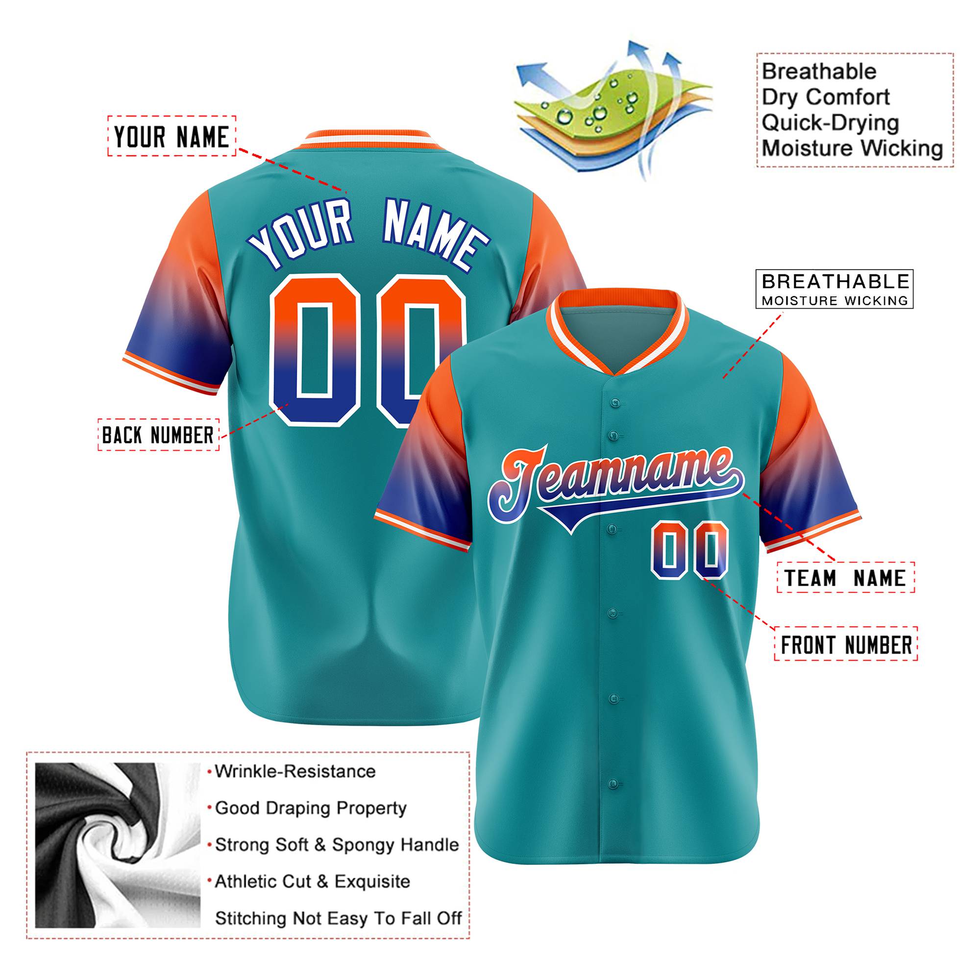 Custom Aqua Orange-Royal Blue Gradient Fashion Authentic Baseball Jersey