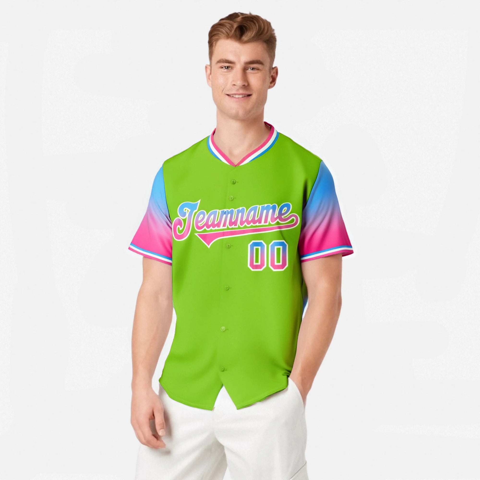 Custom Neon Green Powder Blue-Pink Gradient Fashion Authentic Baseball Jersey