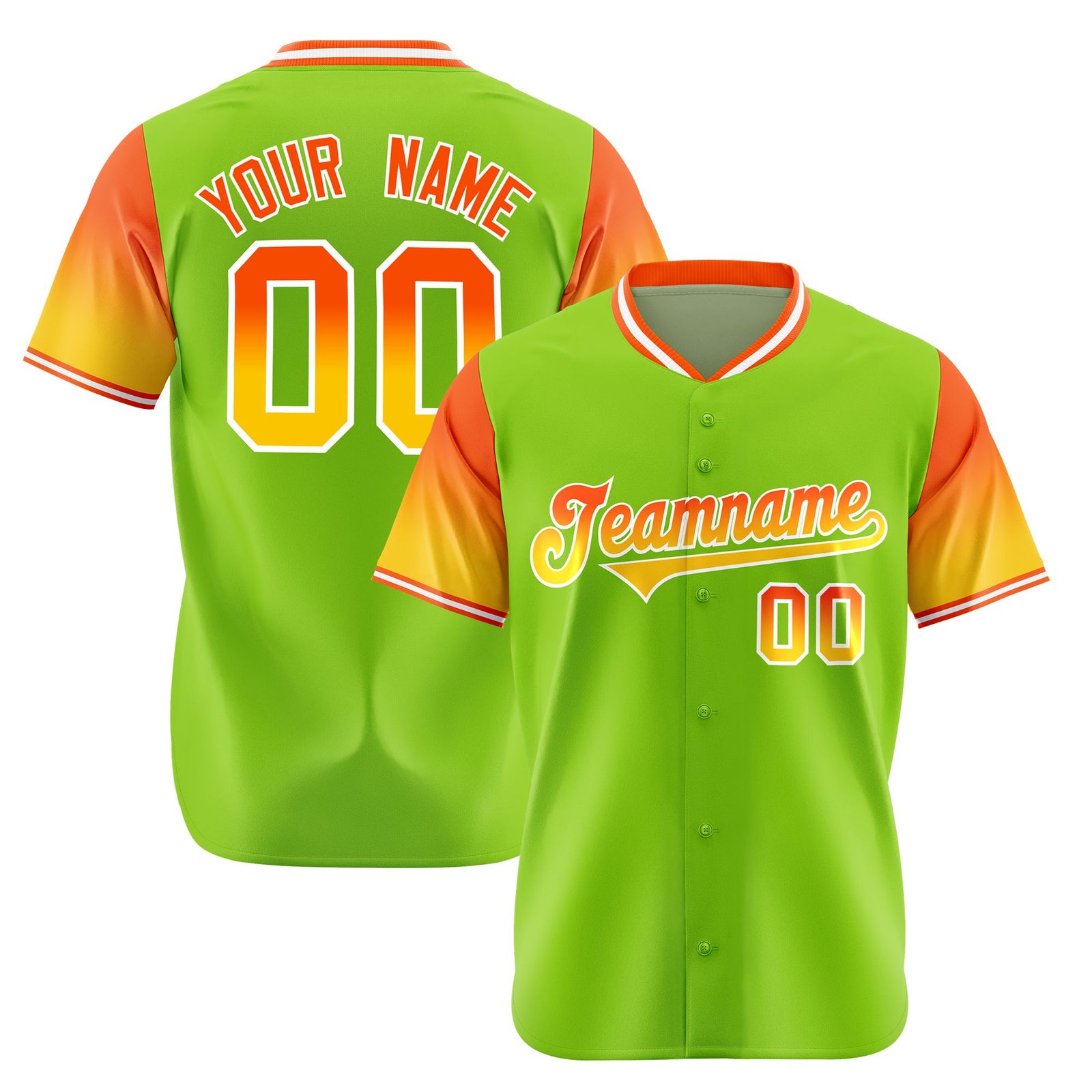 Custom Neon Green Orange-Gold Gradient Fashion Authentic Baseball Jersey