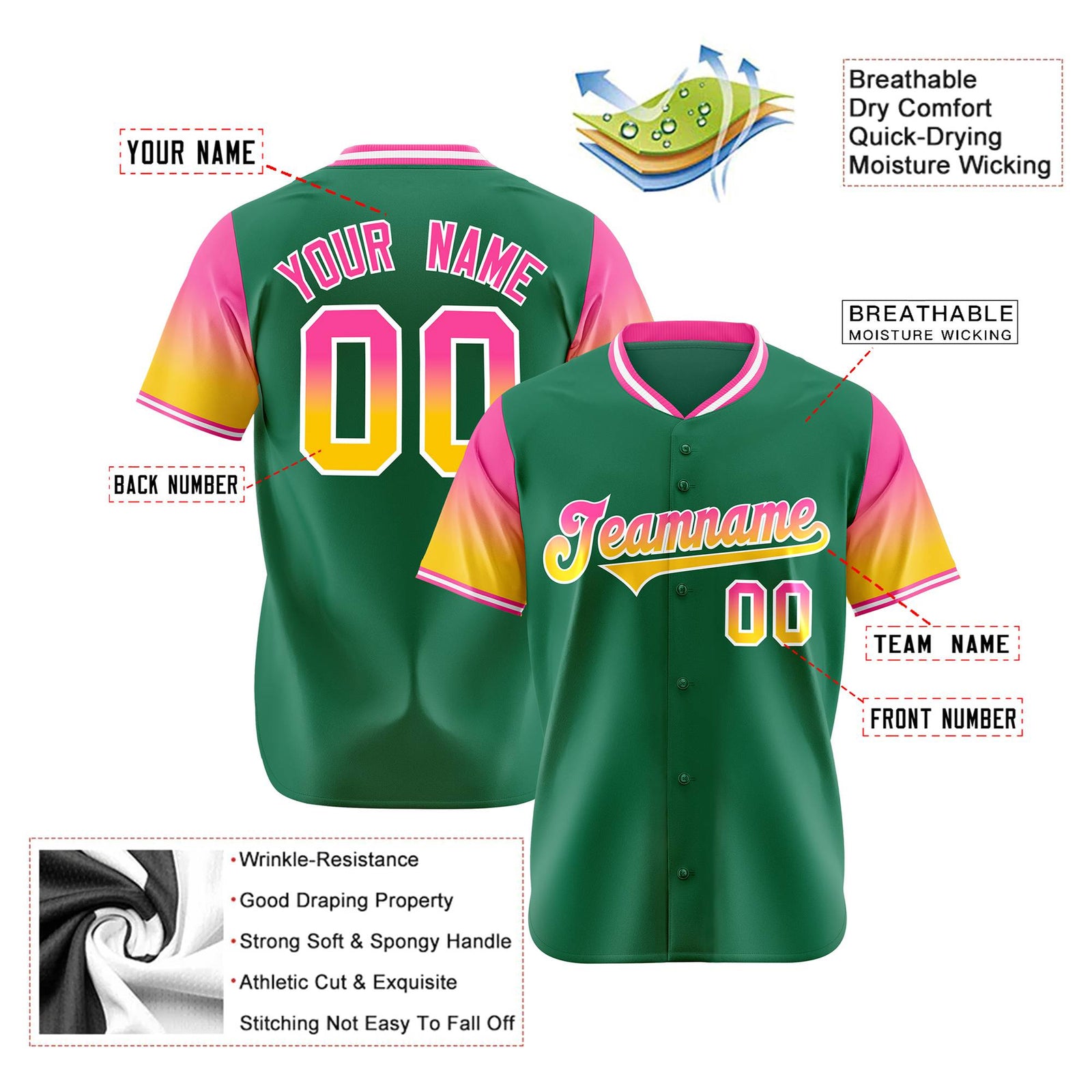 Custom Green Pink-Gold Gradient Fashion Authentic Baseball Jersey