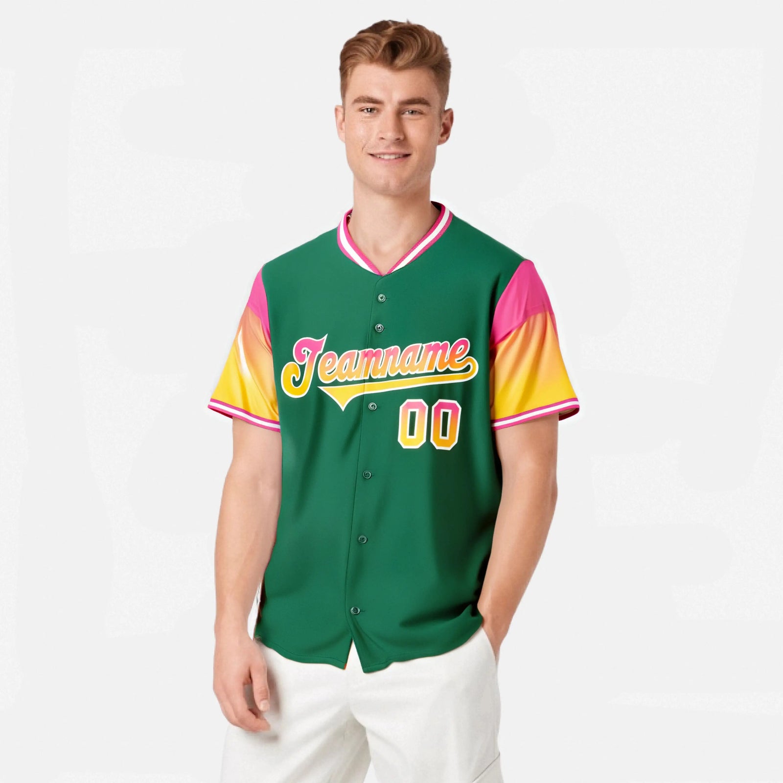Custom Green Pink-Gold Gradient Fashion Authentic Baseball Jersey
