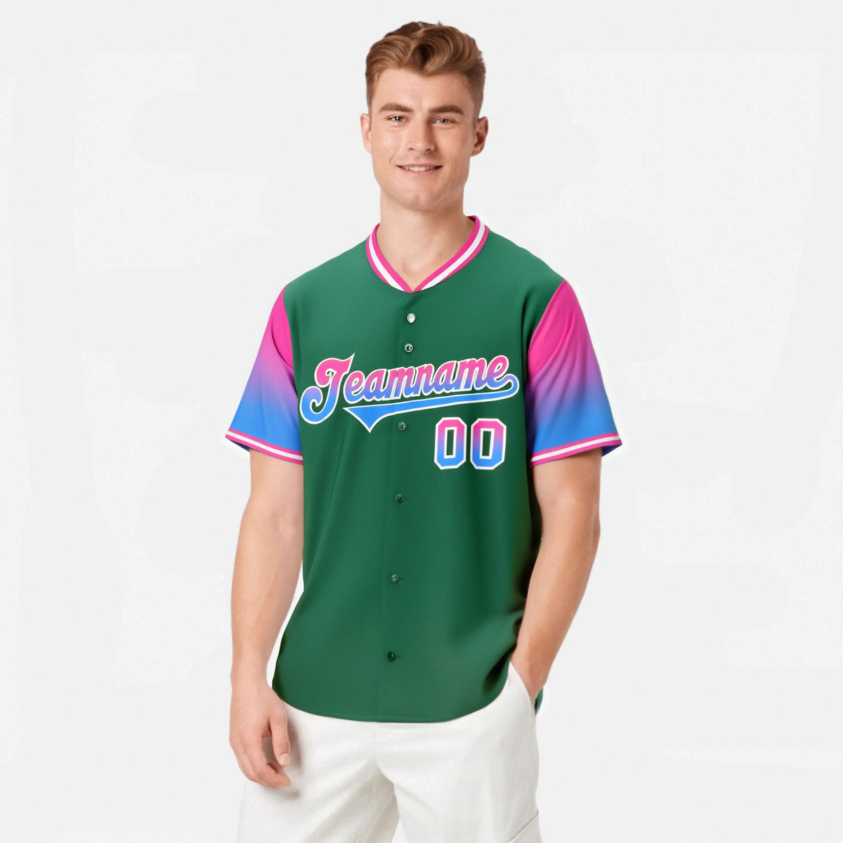 Custom Green Pink-Powder Blue Gradient Fashion Authentic Baseball Jersey