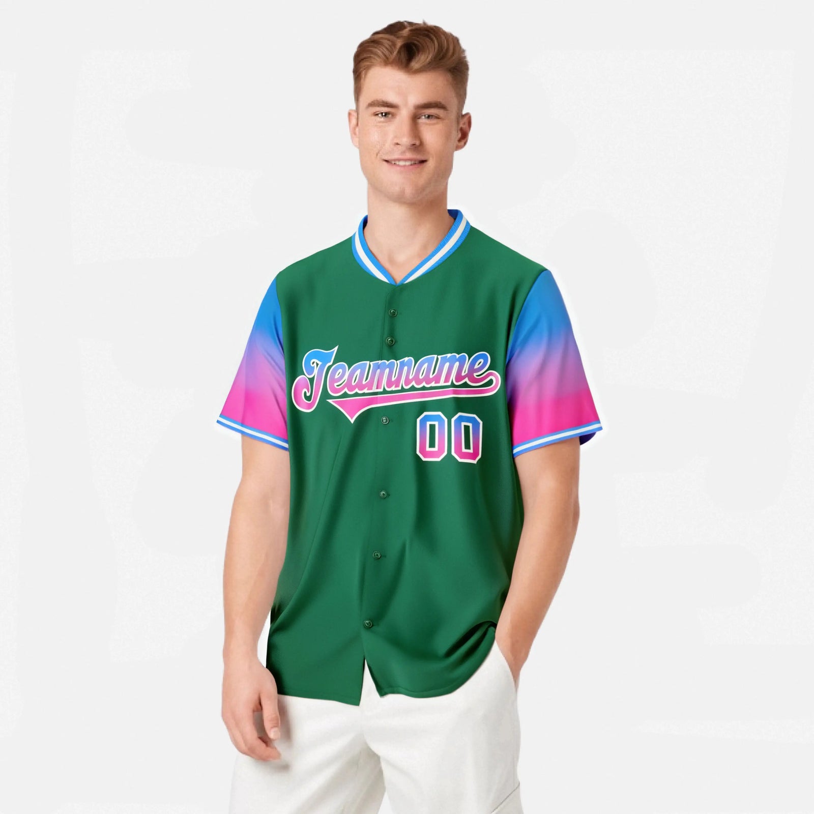 Custom Green Powder Blue-Pink Gradient Fashion Authentic Baseball Jersey
