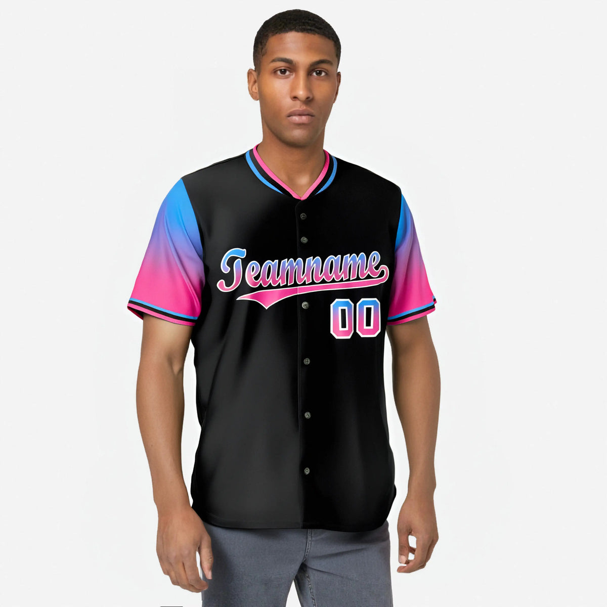 Custom Black Powder Blue-Pink Gradient Fashion Authentic Baseball Jersey