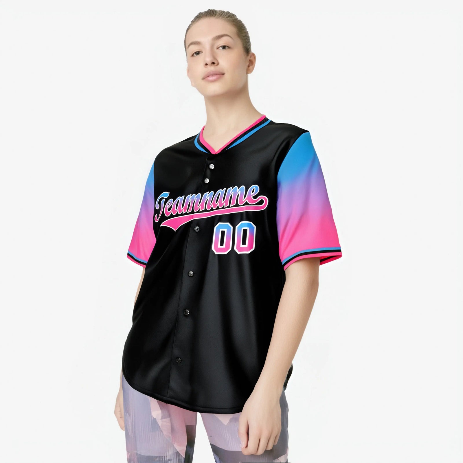 Custom Black Powder Blue-Pink Gradient Fashion Authentic Baseball Jersey
