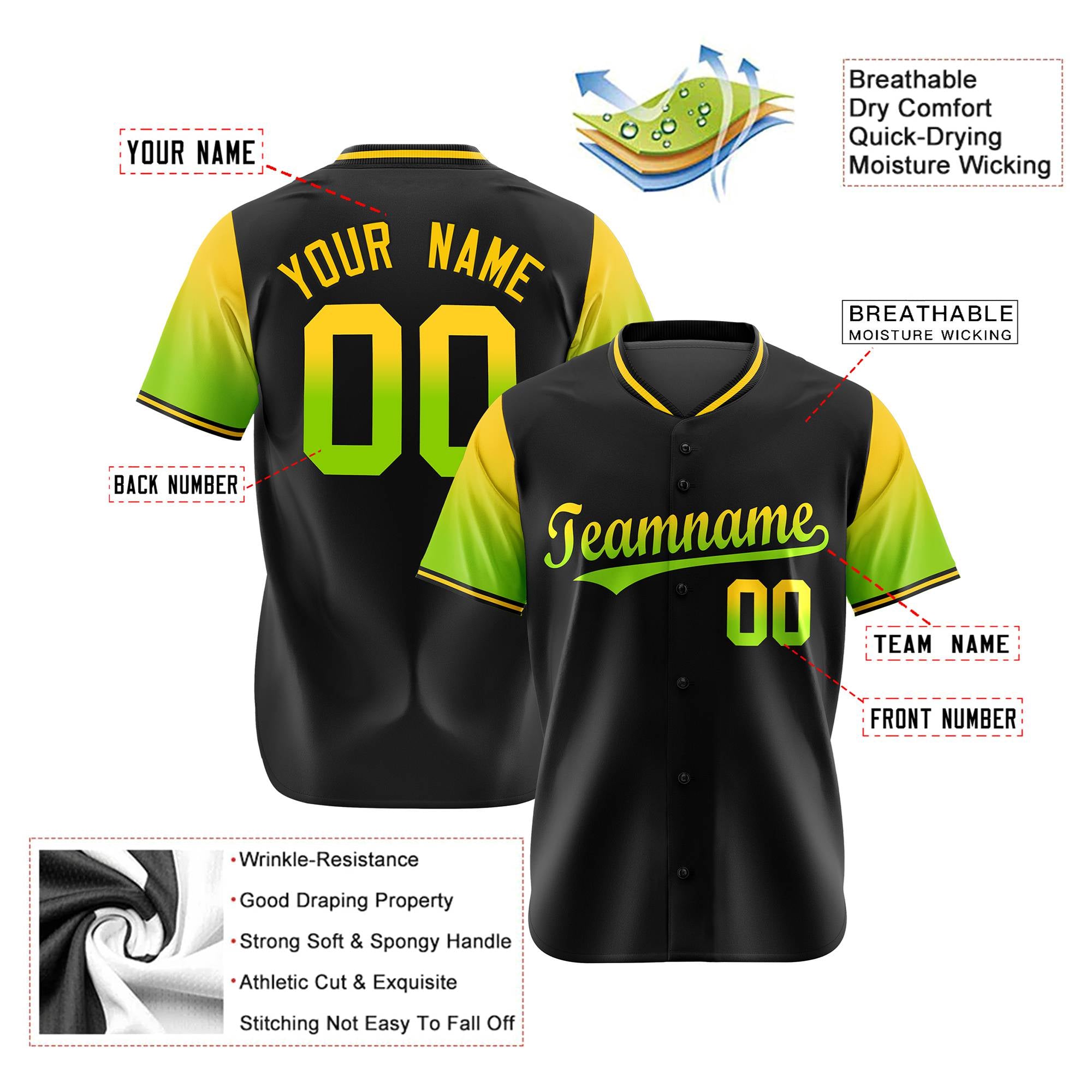 Custom Black Gold-Neon Green Gradient Fashion Authentic Baseball Jersey