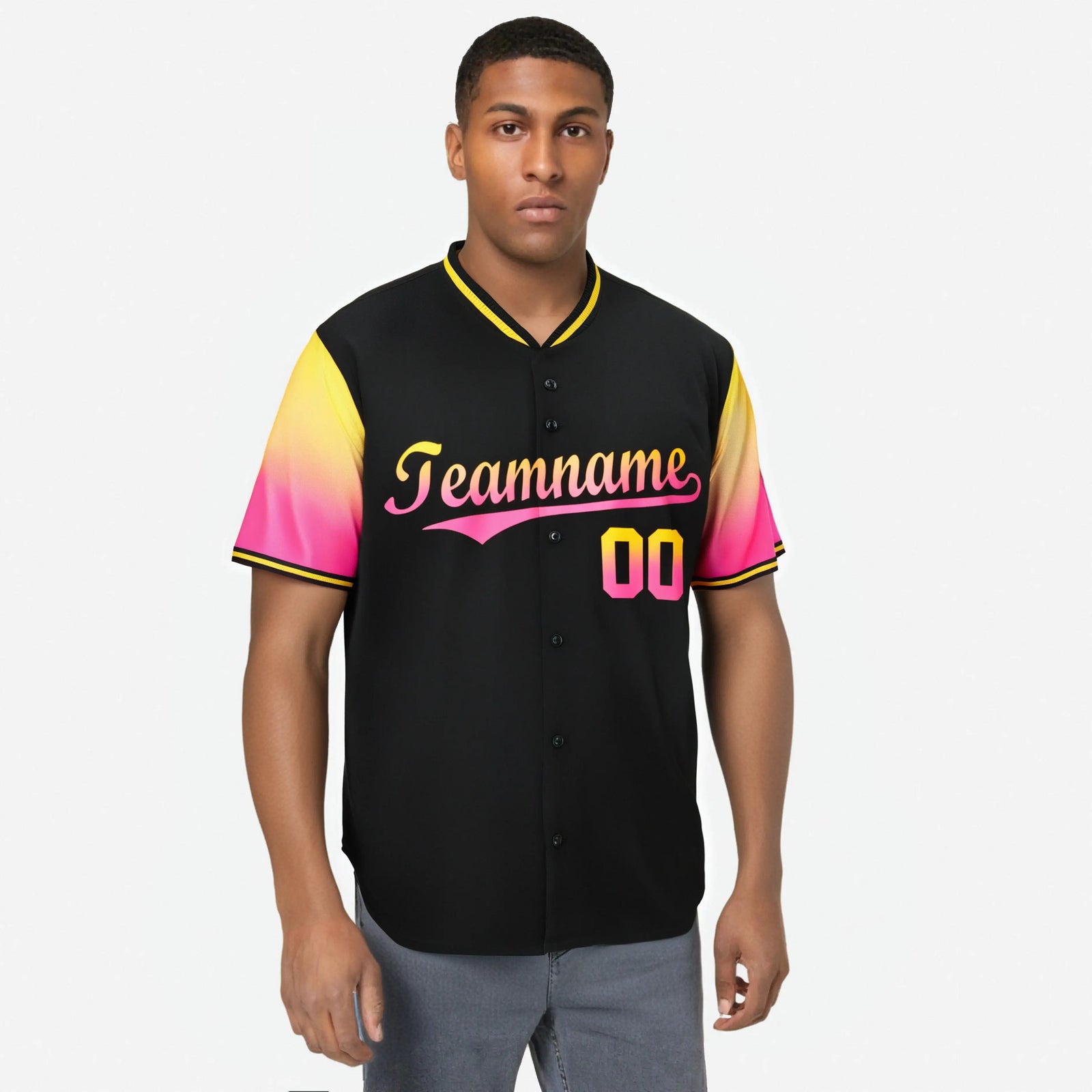 Custom Black Gold-Pink Gradient Fashion Authentic Baseball Jersey
