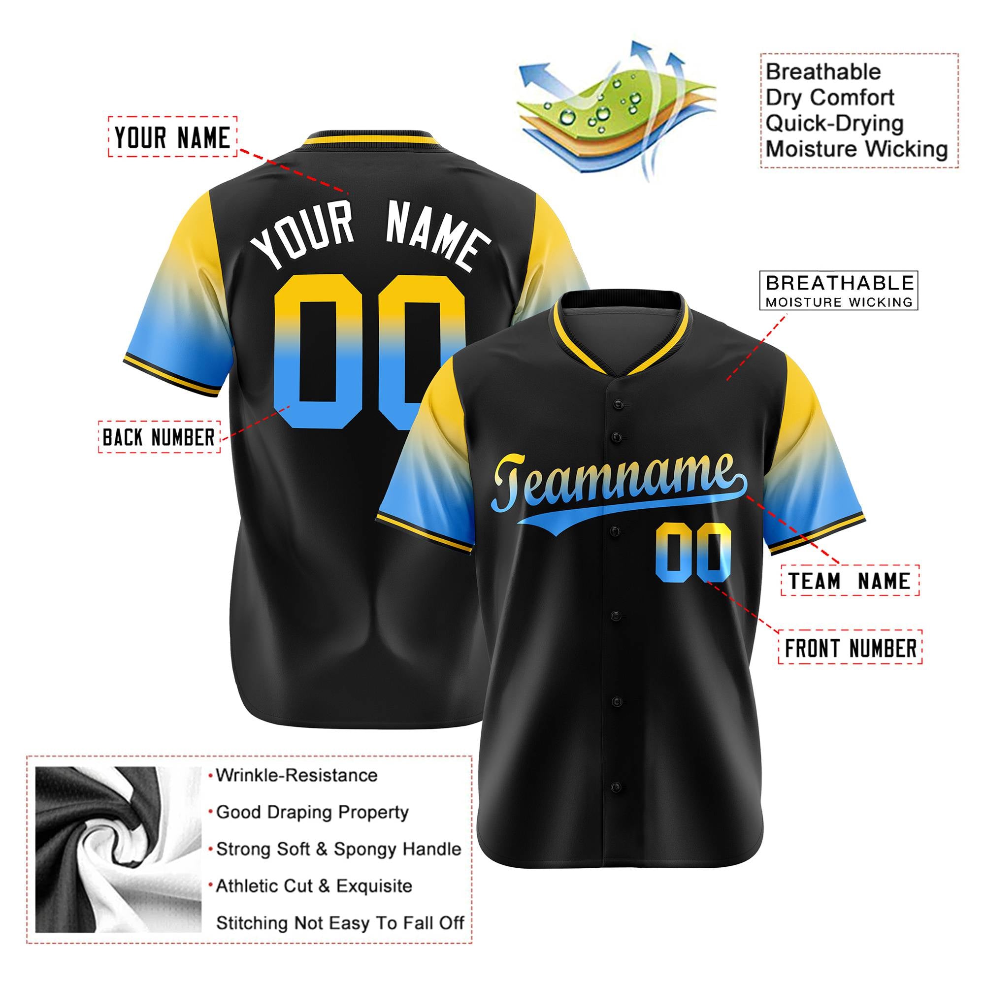 Custom Black Gold-Powder Blue Gradient Fashion Authentic Baseball Jersey