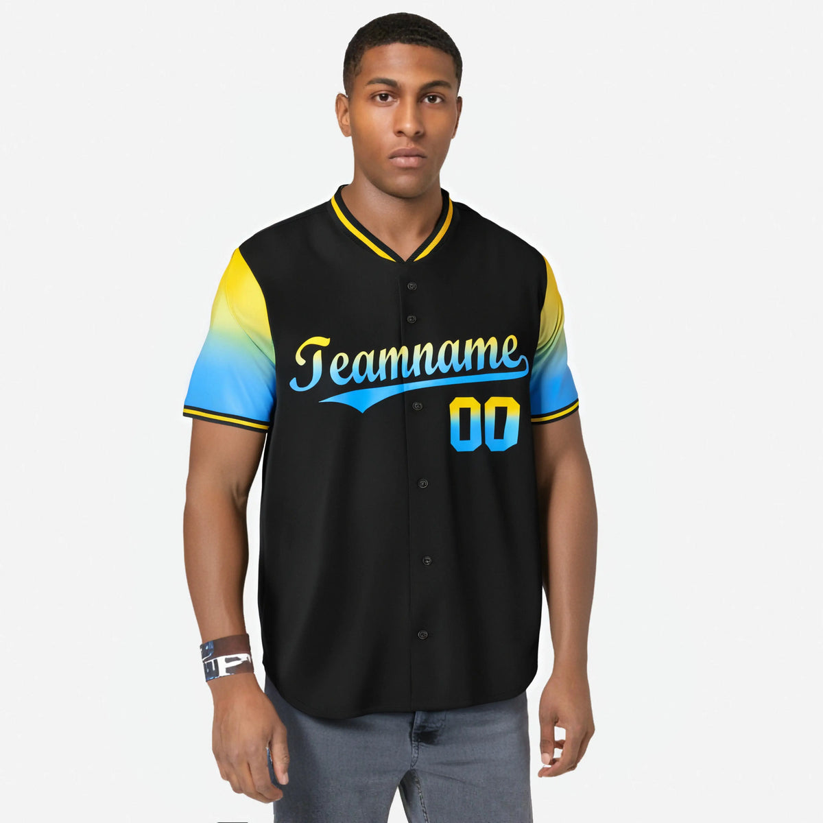 Custom Black Gold-Powder Blue Gradient Fashion Authentic Baseball Jersey