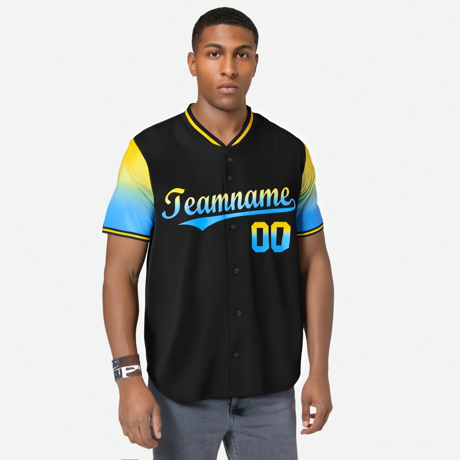 Custom Black Gold-Powder Blue Gradient Fashion Authentic Baseball Jersey