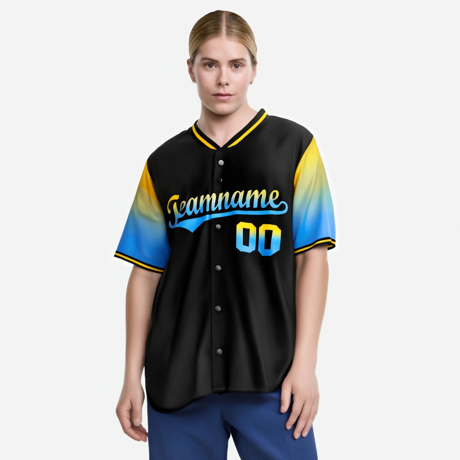 Custom Black Gold-Powder Blue Gradient Fashion Authentic Baseball Jersey