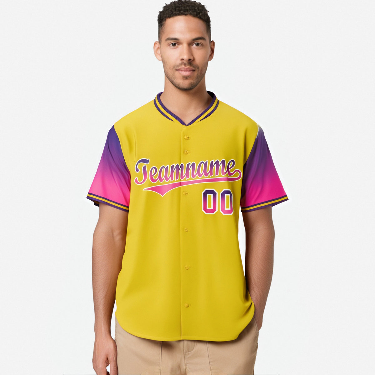 Custom Gold Purple-Pink Gradient Fashion Authentic Baseball Jersey
