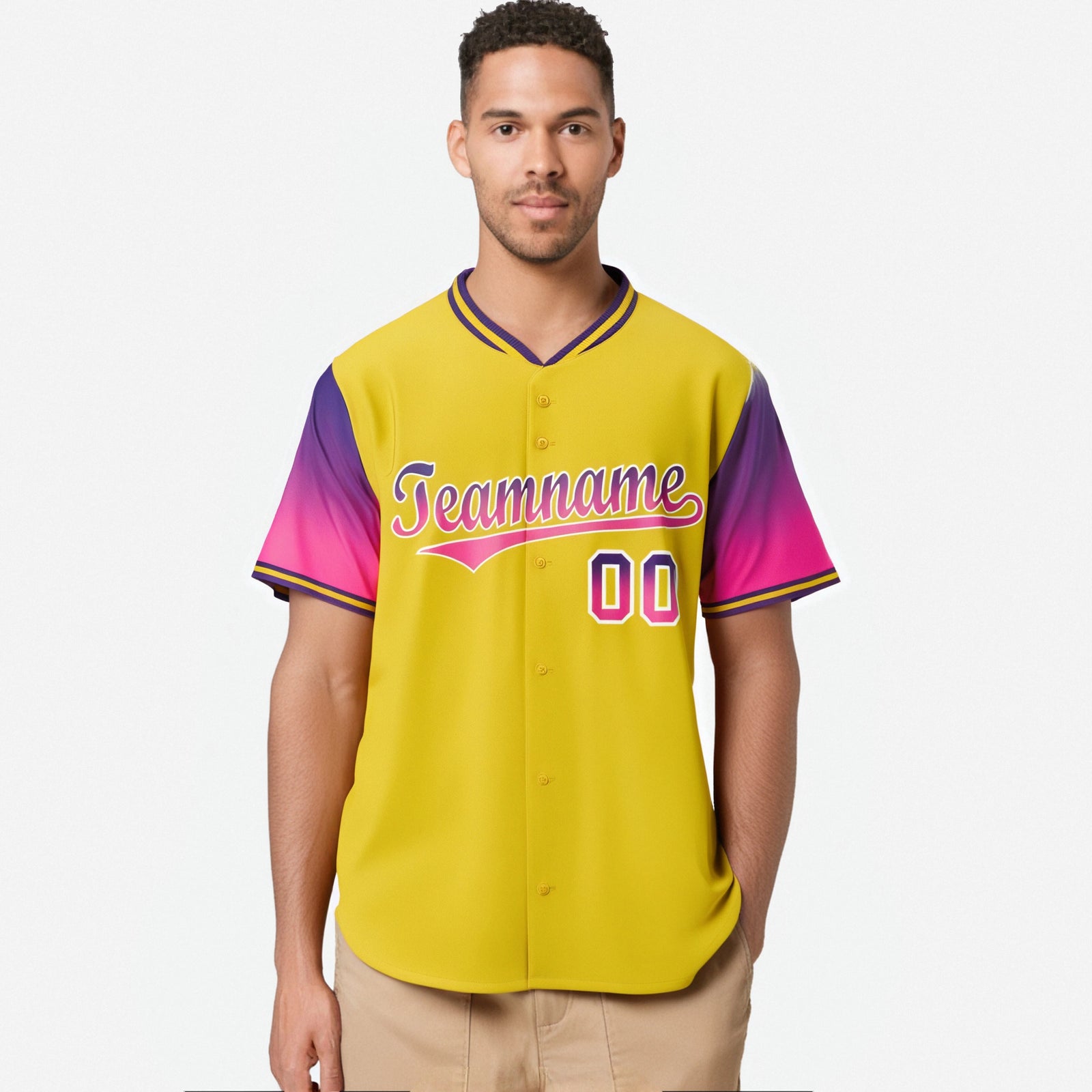Custom Gold Purple-Pink Gradient Fashion Authentic Baseball Jersey