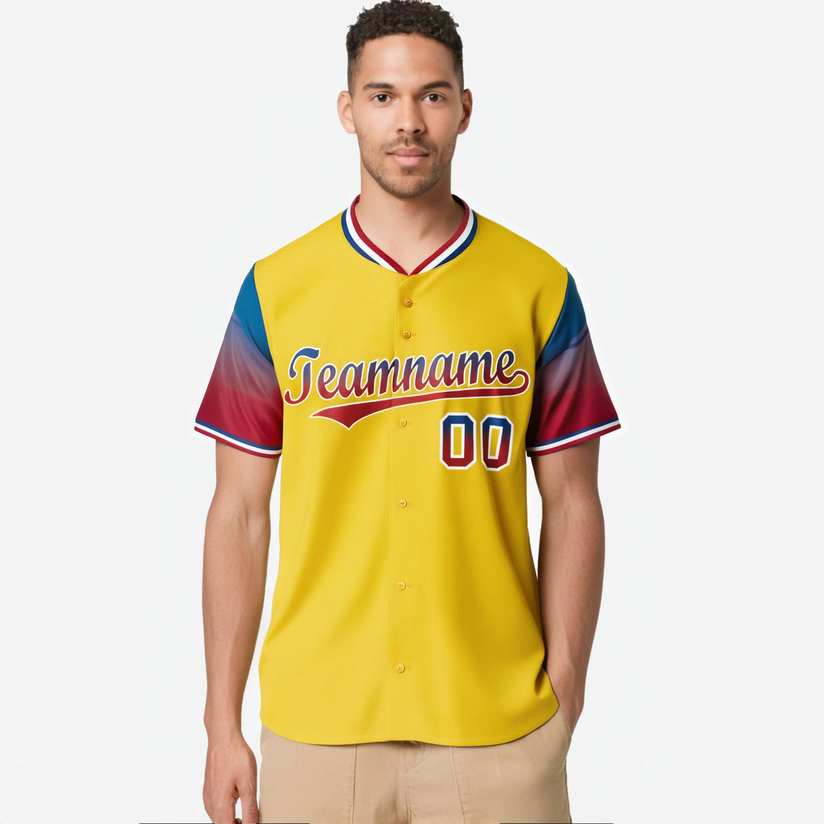 Custom Gold Royal Blue-Crimson Gradient Fashion Authentic Baseball Jersey