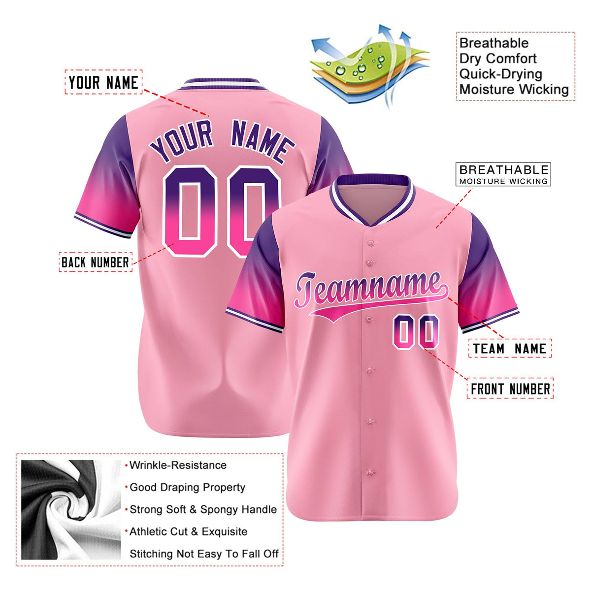 Custom Light Pink Purple-Pink Gradient Fashion Authentic Baseball Jersey