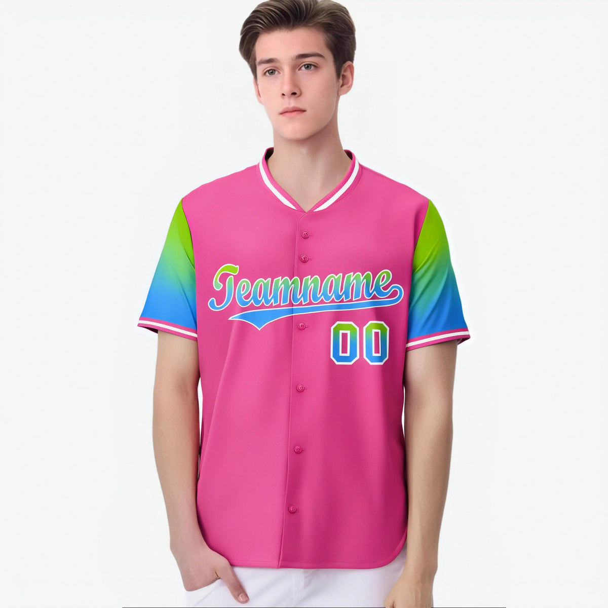 Custom Pink Neon Green-Powder Blue Gradient Fashion Authentic Baseball Jersey